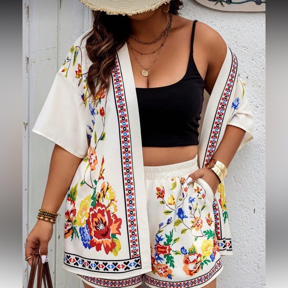 Floral Kimono and Shorts Set